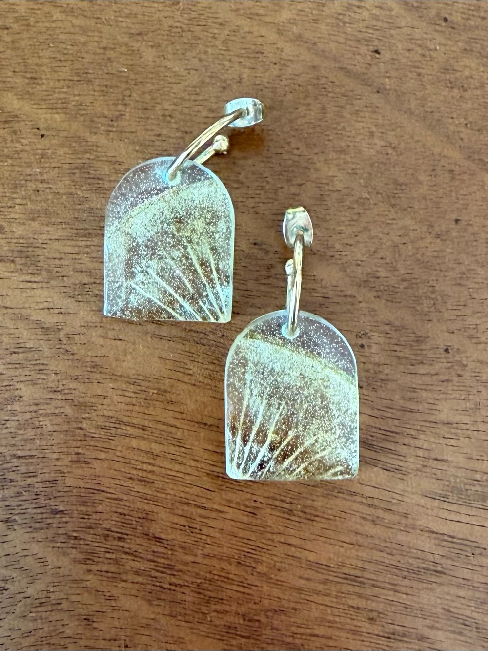 Handmade Iridescent Arch Drop Kiwi Earrings - Gold Fleck